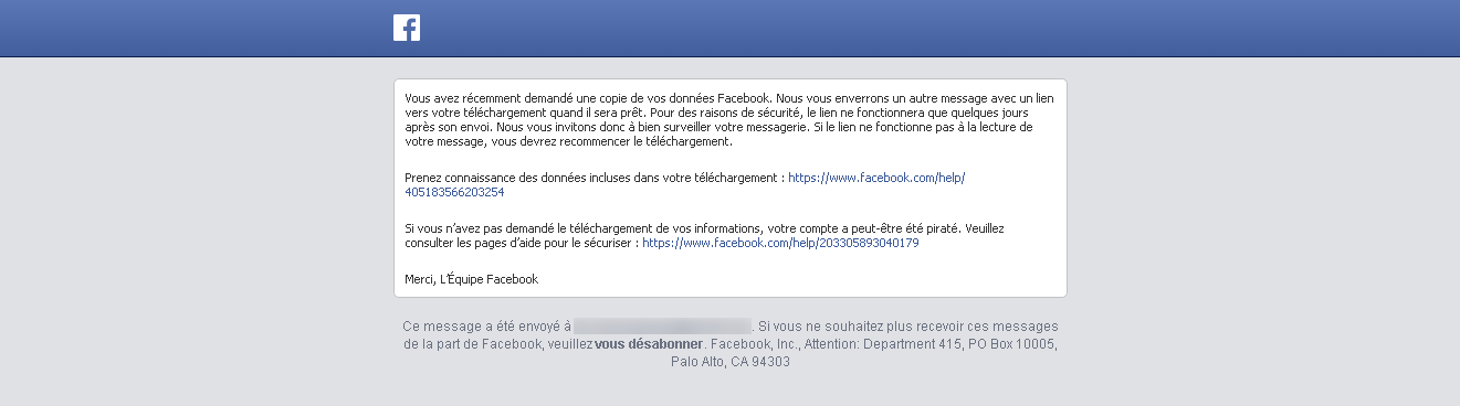 Premier mail de Facebook confirmant la demande de création de l'archive