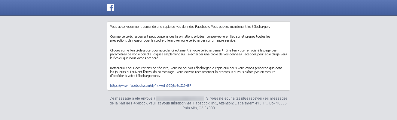 2eme mail de Facebook avec le lien de téléchargement