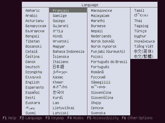 Démarrage sur un live CD de Ubuntu. Choix de la langue.