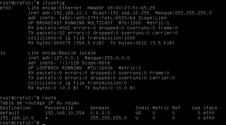 Copie d'écran sur Linux. Résultat des commande ifconfig et route