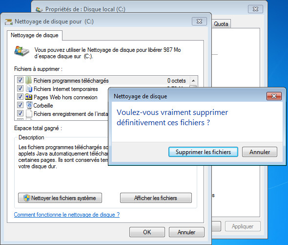 Confirmation de nettoyage des fichiers sous Windows 7