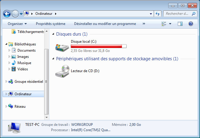 Explorateur Windows 7 après les opérations de nettoyage