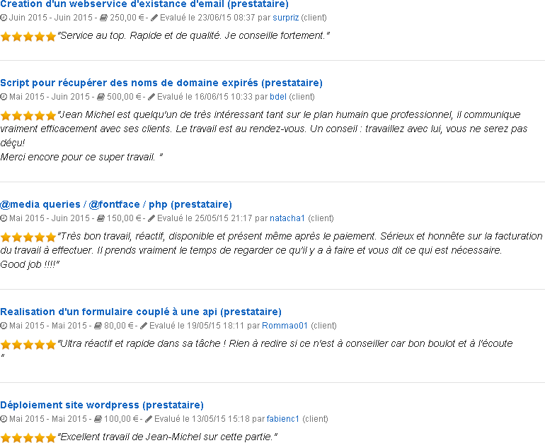 Evaluations laissées par mes clients sur la plateforme Codeur.com